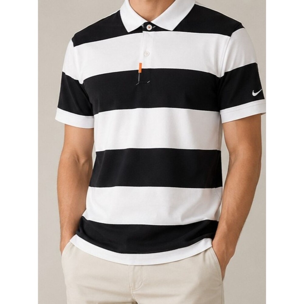 Nike Dri-FIT Polo Shirt Men's Large Black White Striped Golf Casual Cotton Blend